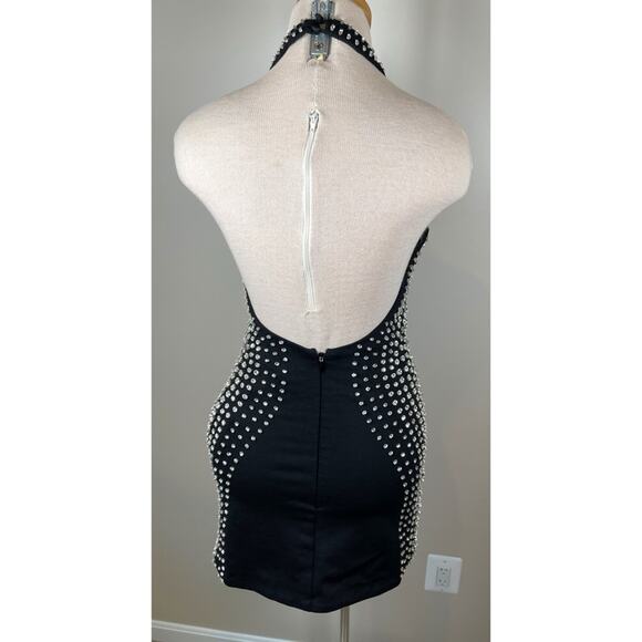 Retrofete Aubin Crystal Embellished Halter Neck Black and Silver Mini Dress Sz S - Picture 9 of 11